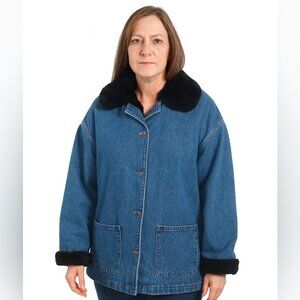 Neiman Marcus Retro Denim Jacket Faux Fur Collar Cuffs Lined Button Front Large